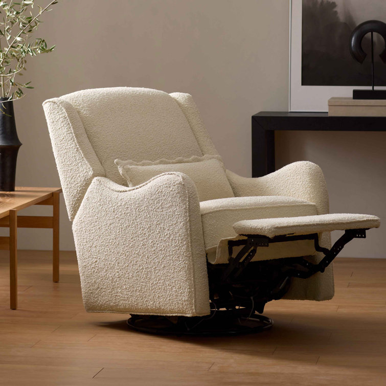 Ivory Boucle Swivel Recliner with Wood Base