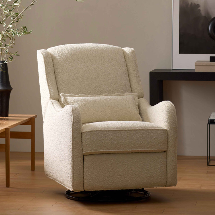 Ivory Boucle Swivel Recliner with Wood Base