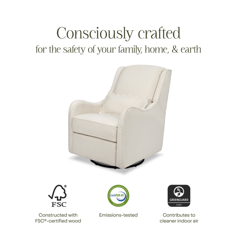 Ivory Boucle Swivel Recliner with Wood Base