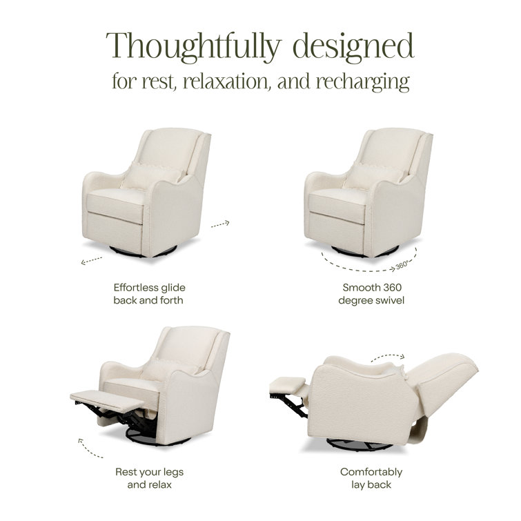 Ivory Boucle Swivel Recliner with Wood Base