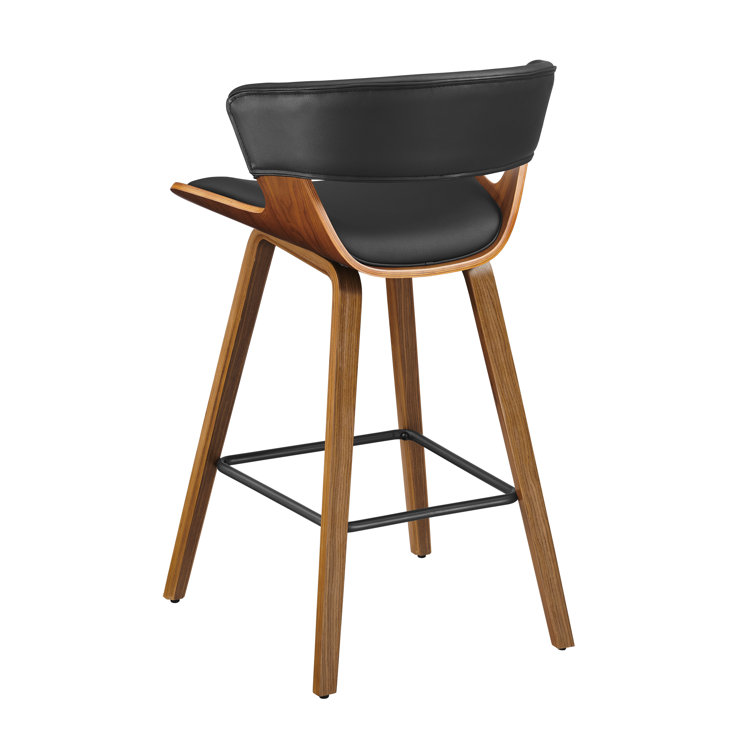 Mid-Century Modern Brown Wood and Black Faux Leather Counter Stools, Set of 2