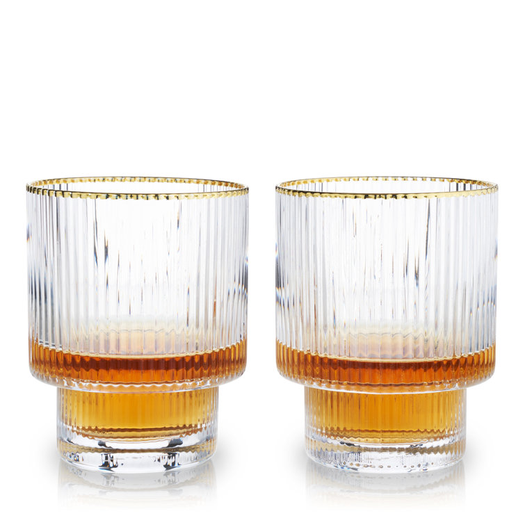 Gold Rimmed Rippled Crystal Lowball Tumblers Set of 2