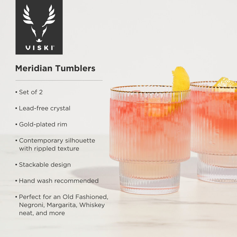 Gold Rimmed Rippled Crystal Lowball Tumblers Set of 2