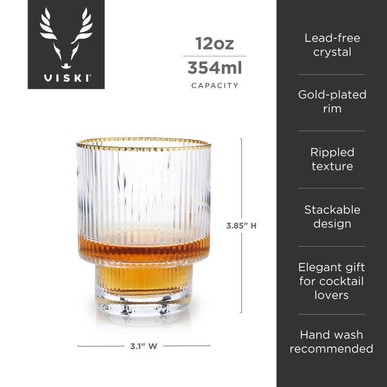 Gold Rimmed Rippled Crystal Lowball Tumblers Set of 2