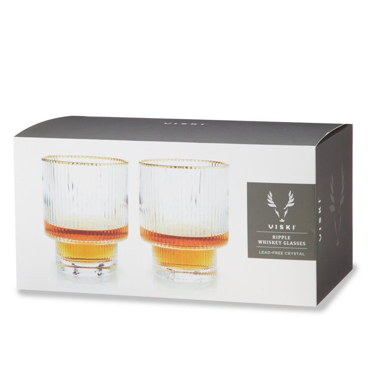 Gold Rimmed Rippled Crystal Lowball Tumblers Set of 2