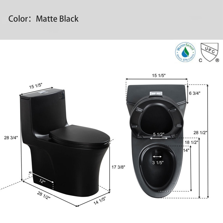 Matte Black Ceramic One-Piece Dual Flush Elongated Toilet