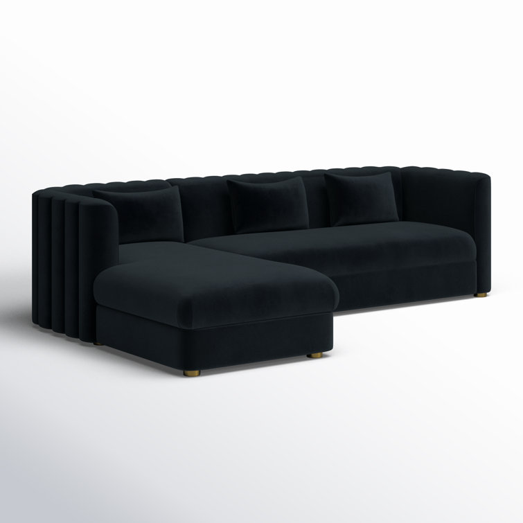 Callie Black Velvet Scalloped Tufted L-Sectional with Pine Frame
