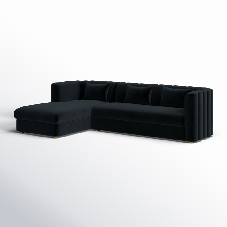 Callie Black Velvet Scalloped Tufted L-Sectional with Pine Frame