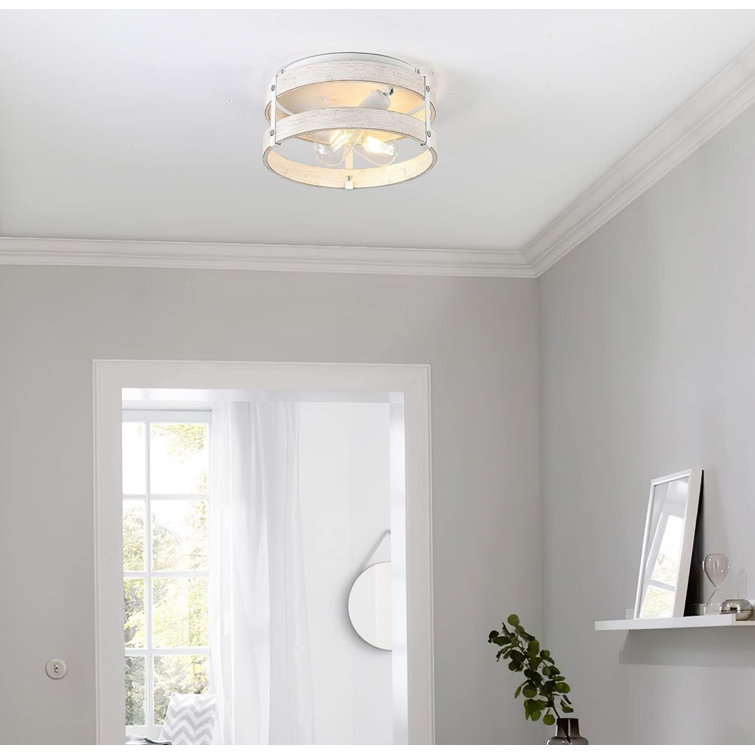 Antique White Distressed Wood Drum Flush Mount Ceiling Light