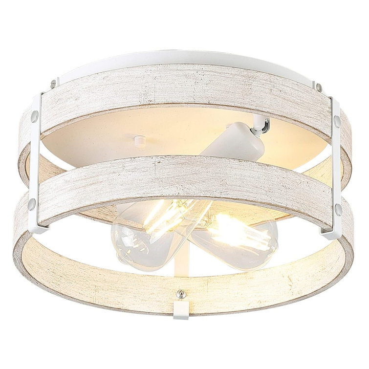Antique White Distressed Wood Drum Flush Mount Ceiling Light