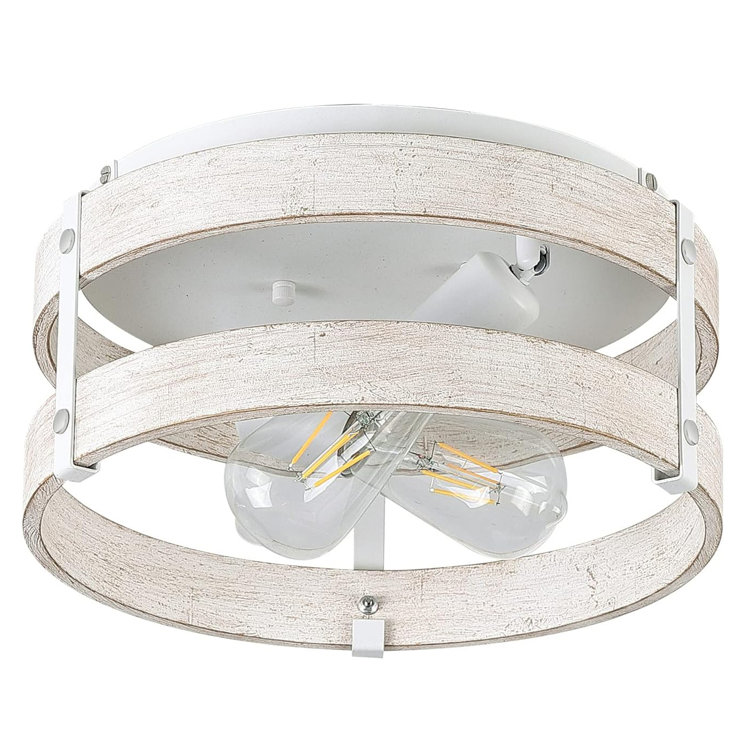Antique White Distressed Wood Drum Flush Mount Ceiling Light