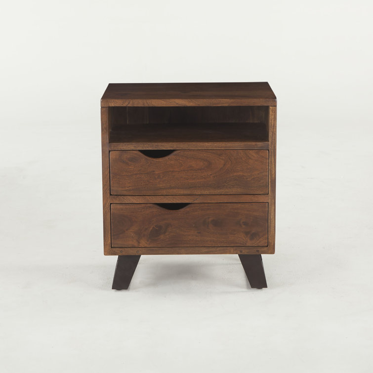 Acacia Wood 2-Drawer Nightstand with Metal Legs