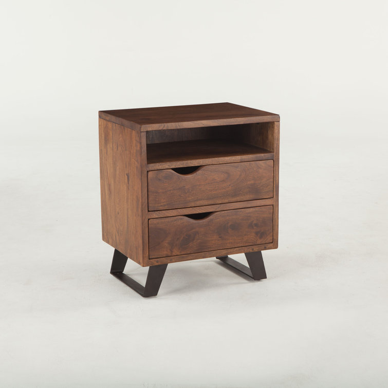Acacia Wood 2-Drawer Nightstand with Metal Legs
