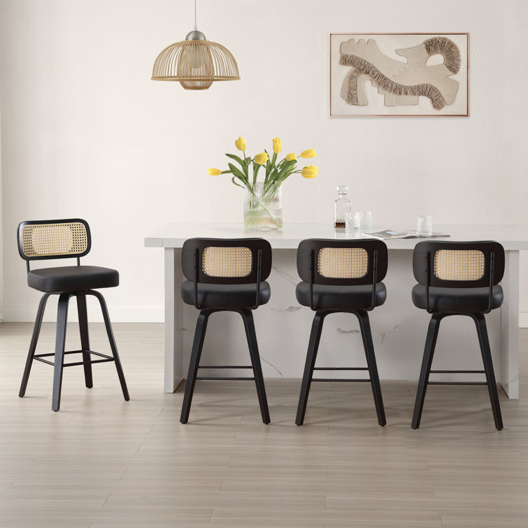 Black Faux Leather Swivel Bar Stools with Rattan Back, Set of 3