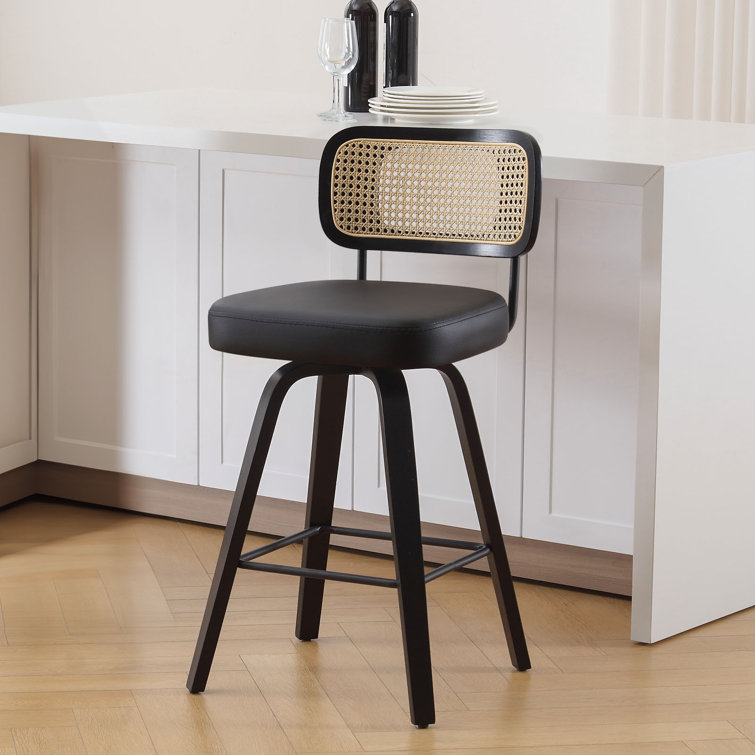 Black Faux Leather Swivel Bar Stools with Rattan Back, Set of 3