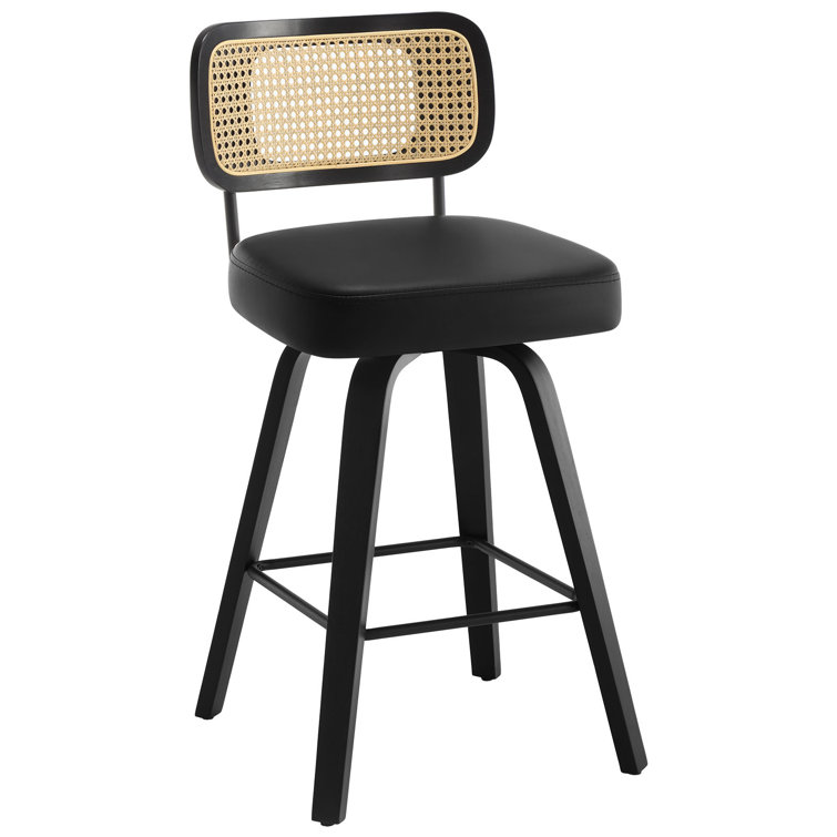 Black Faux Leather Swivel Bar Stools with Rattan Back, Set of 3