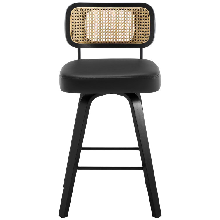 Black Faux Leather Swivel Bar Stools with Rattan Back, Set of 3