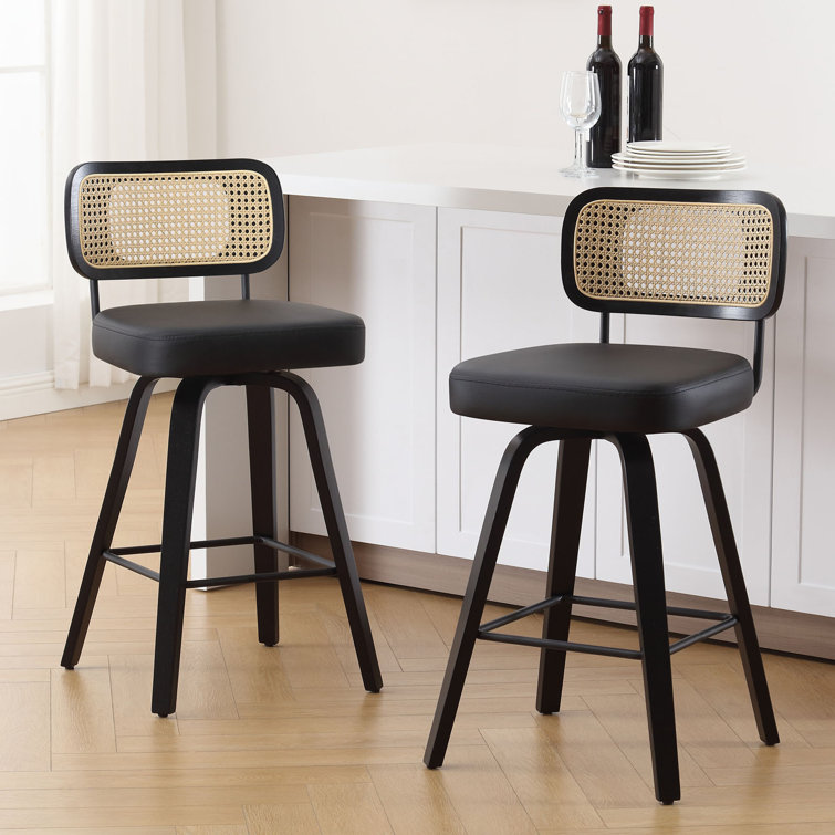 Black Faux Leather Swivel Bar Stools with Rattan Back, Set of 3