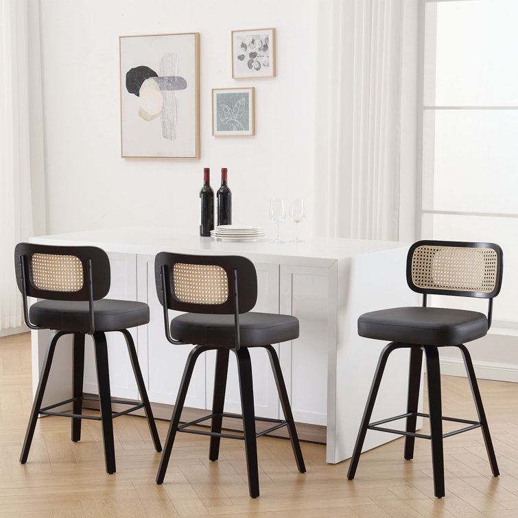Black Faux Leather Swivel Bar Stools with Rattan Back, Set of 3