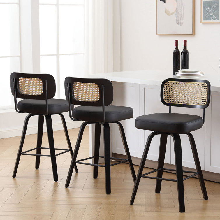 Black Faux Leather Swivel Bar Stools with Rattan Back, Set of 3