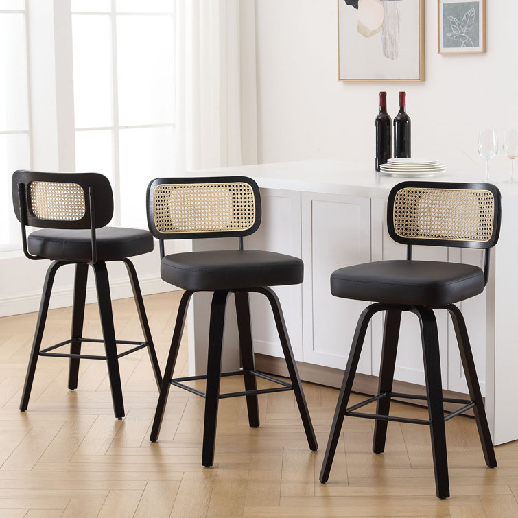 Black Faux Leather Swivel Bar Stools with Rattan Back, Set of 3