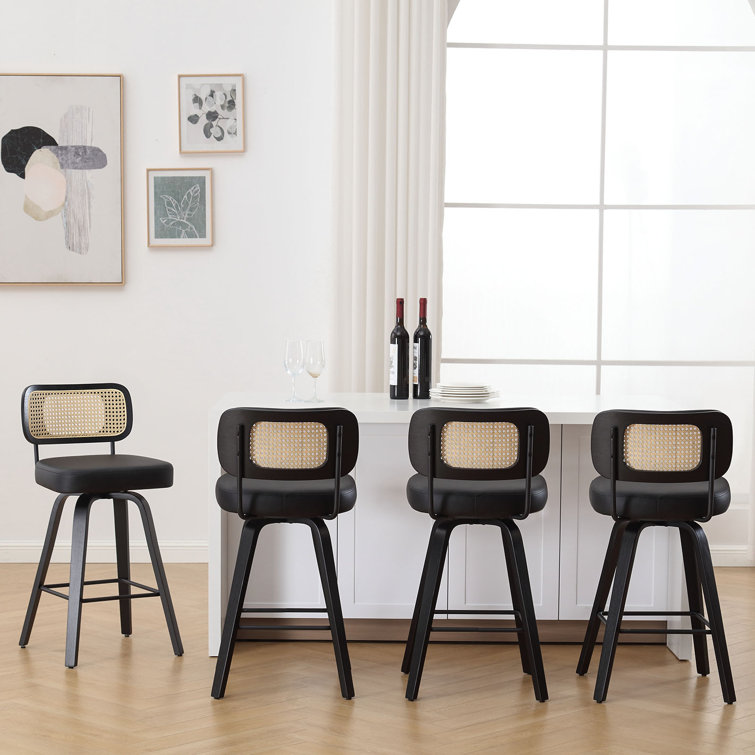 Black Faux Leather Swivel Bar Stools with Rattan Back, Set of 3