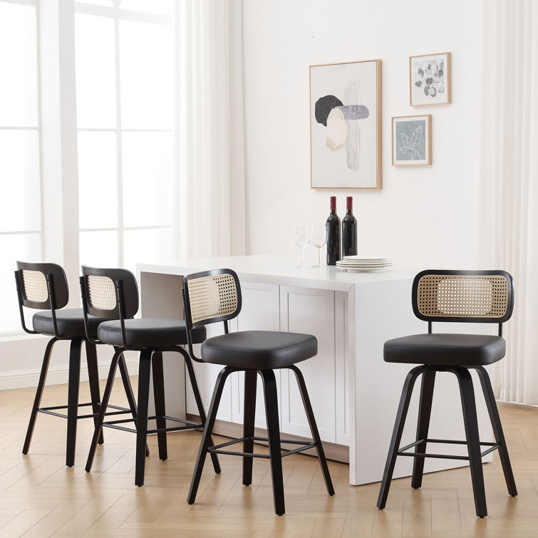Black Faux Leather Swivel Bar Stools with Rattan Back, Set of 3