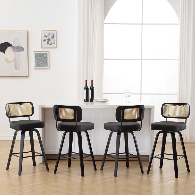 Black Faux Leather Swivel Bar Stools with Rattan Back, Set of 3