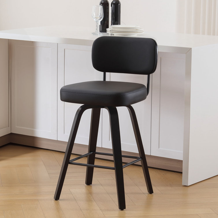 Black Swivel Upholstered Counter Stool with Wood Legs
