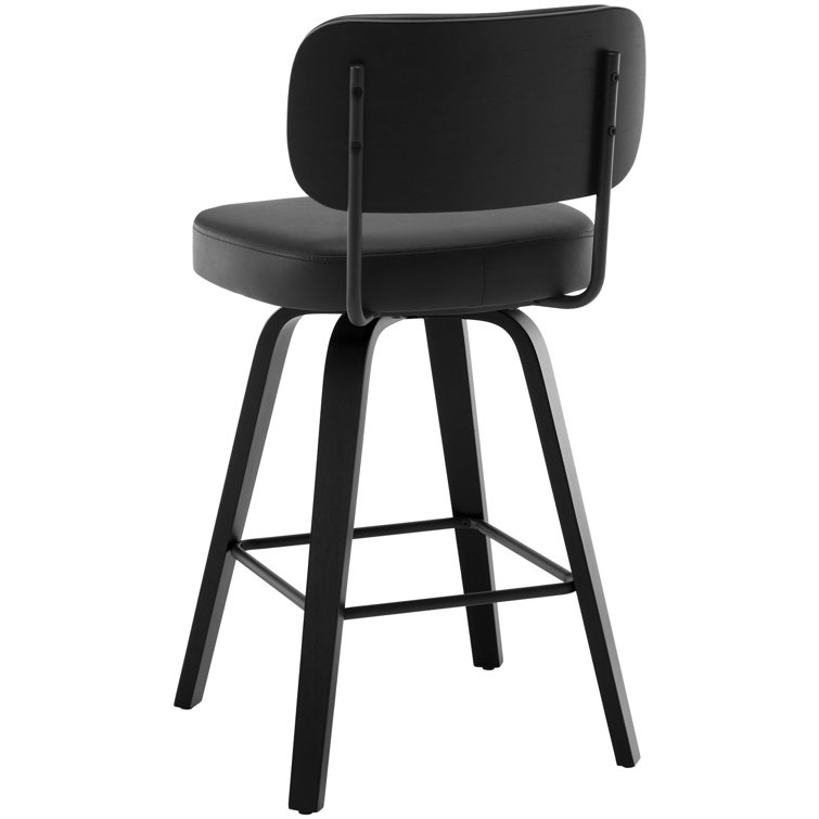 Black Swivel Upholstered Counter Stool with Wood Legs
