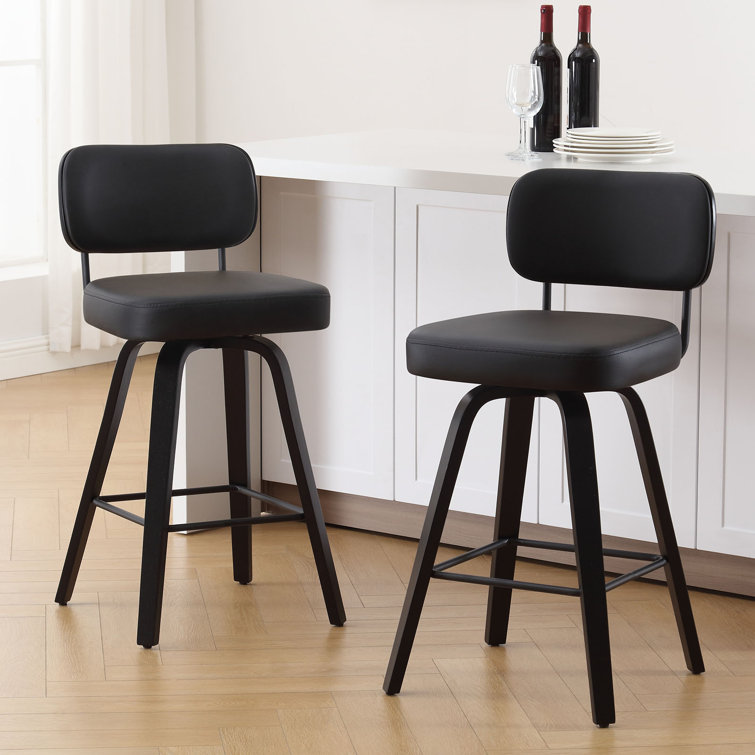 Black Swivel Upholstered Counter Stool with Wood Legs