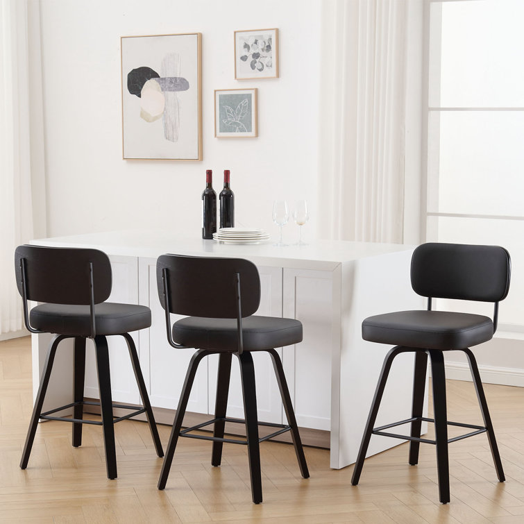 Black Swivel Upholstered Counter Stool with Wood Legs