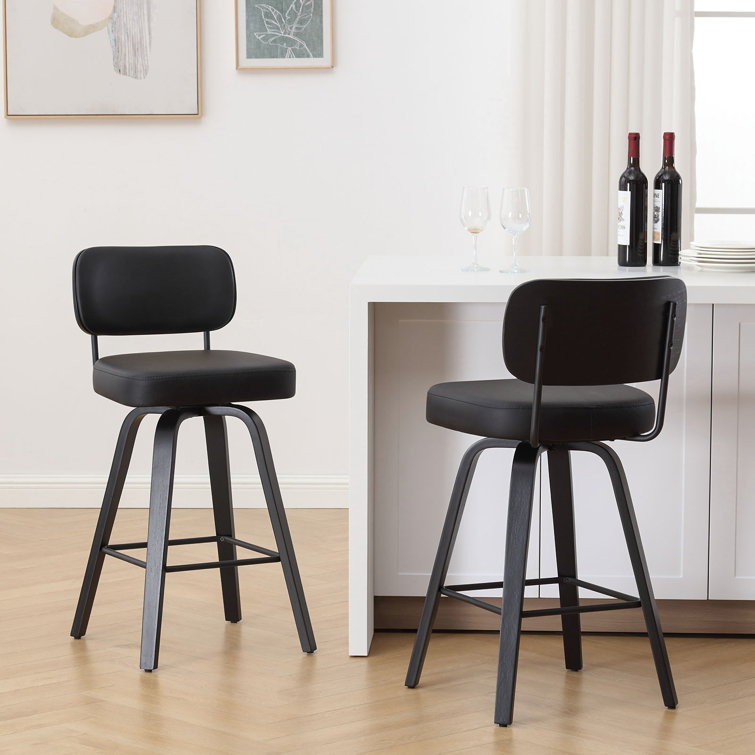Black Swivel Upholstered Counter Stool with Wood Legs
