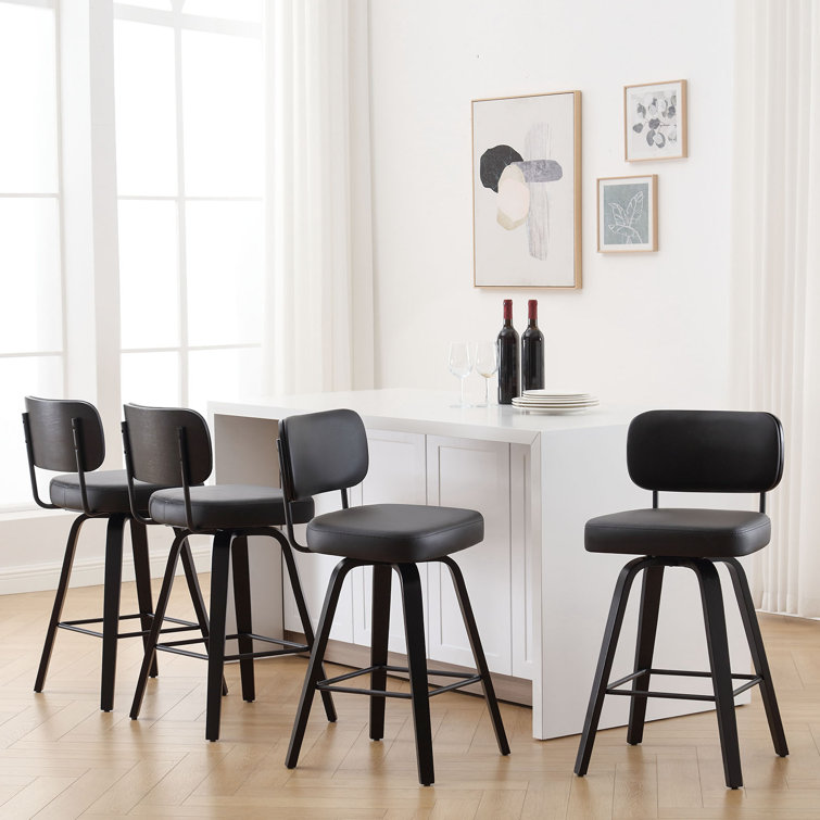 Black Swivel Upholstered Counter Stool with Wood Legs