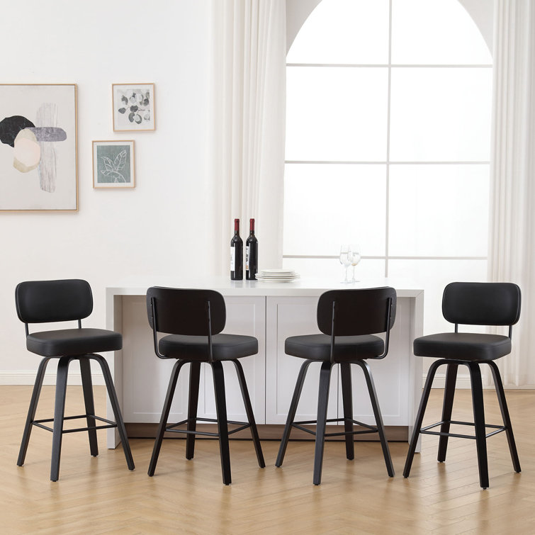 Black Swivel Upholstered Counter Stool with Wood Legs