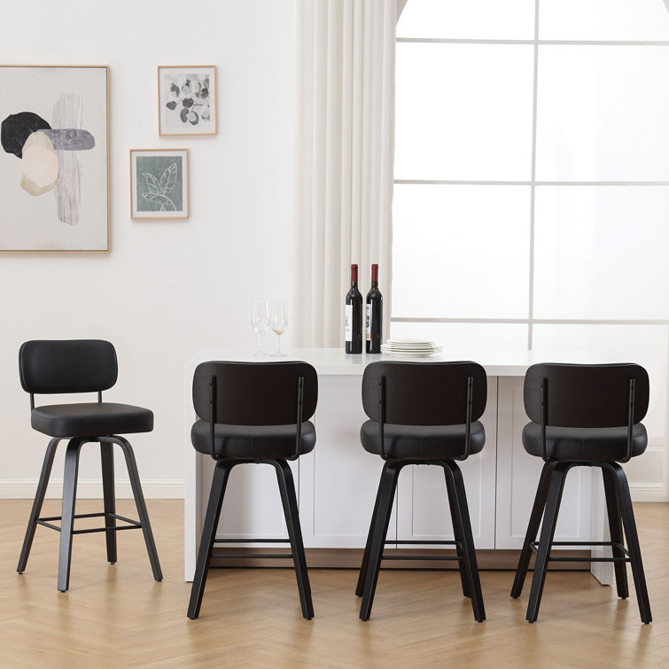 Black Swivel Upholstered Counter Stool with Wood Legs