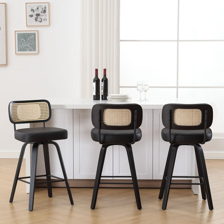 Black Faux Leather Swivel Bar Stools with Rattan Back, Set of 3