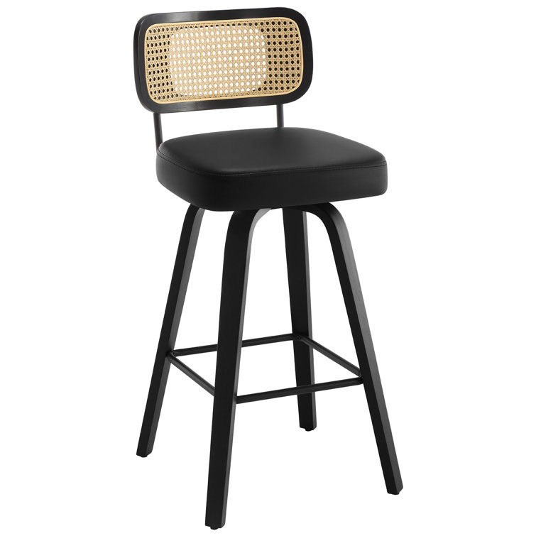 Black Faux Leather Swivel Bar Stools with Rattan Back, Set of 3