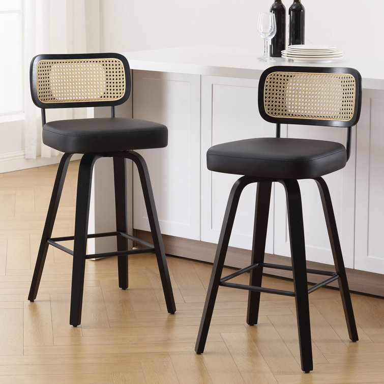 Black Faux Leather Swivel Bar Stools with Rattan Back, Set of 3