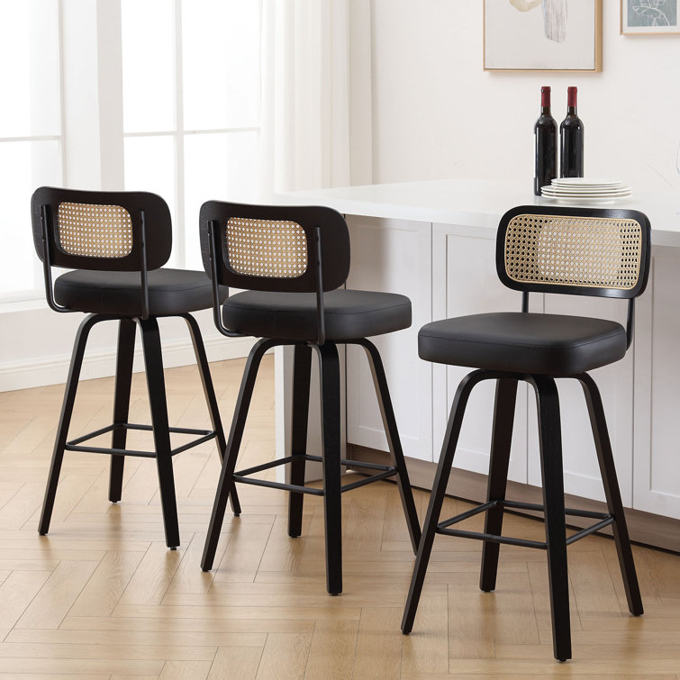 Black Faux Leather Swivel Bar Stools with Rattan Back, Set of 3