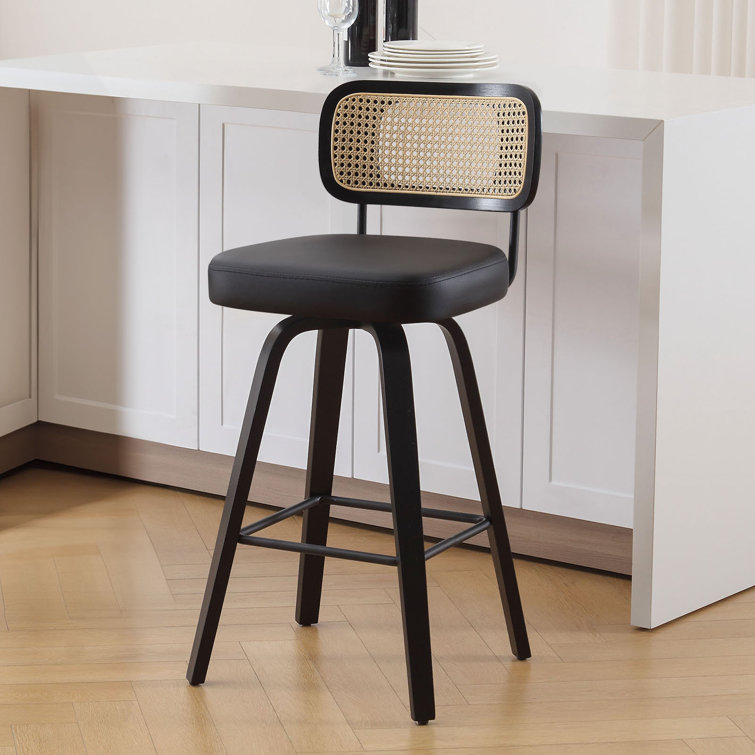 Black Faux Leather Swivel Bar Stools with Rattan Back, Set of 3