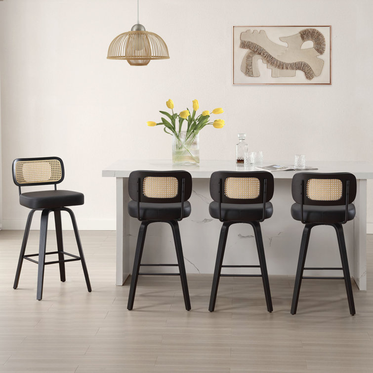 Black Faux Leather Swivel Bar Stools with Rattan Back, Set of 3