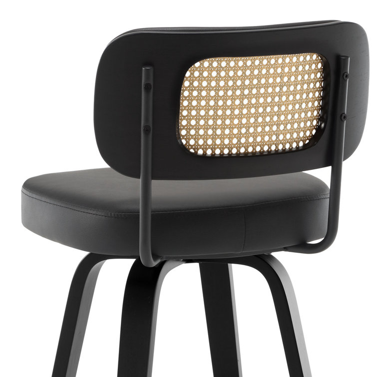 Black Faux Leather Swivel Bar Stools with Rattan Back, Set of 3