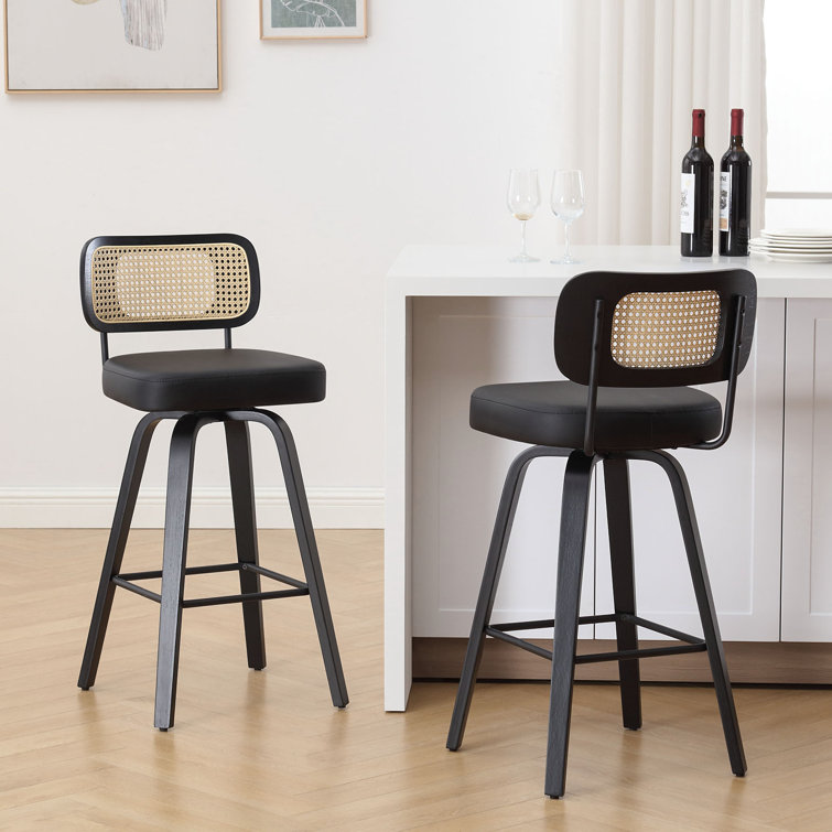 Black Faux Leather Swivel Bar Stools with Rattan Back, Set of 3