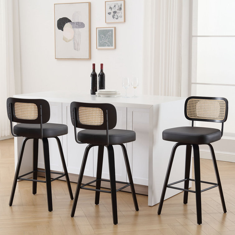 Black Faux Leather Swivel Bar Stools with Rattan Back, Set of 3