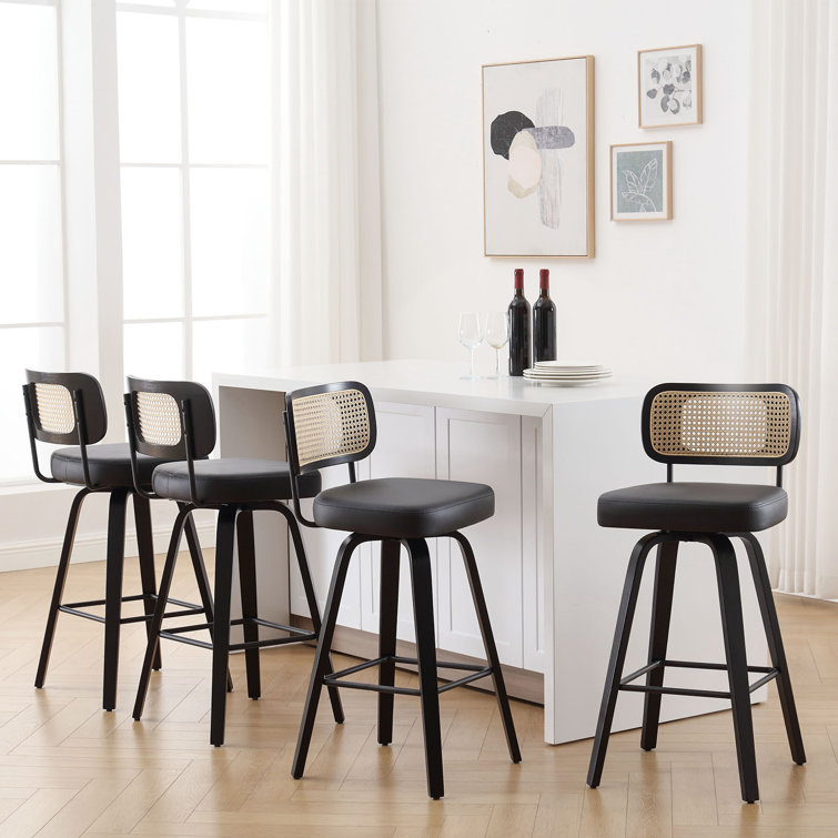 Black Faux Leather Swivel Bar Stools with Rattan Back, Set of 3
