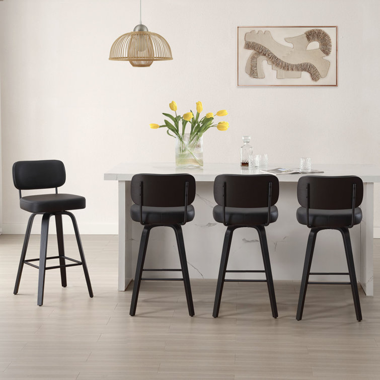 Black Swivel Upholstered Counter Stool with Wood Legs