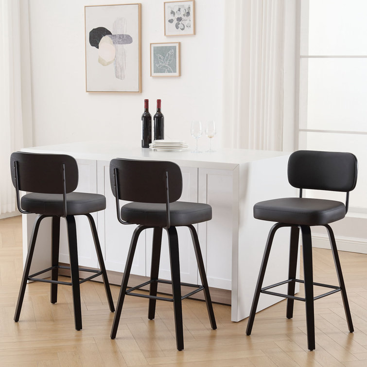 Black Swivel Upholstered Counter Stool with Wood Legs