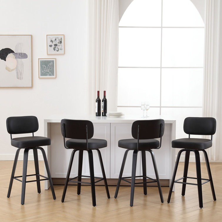 Black Swivel Upholstered Counter Stool with Wood Legs