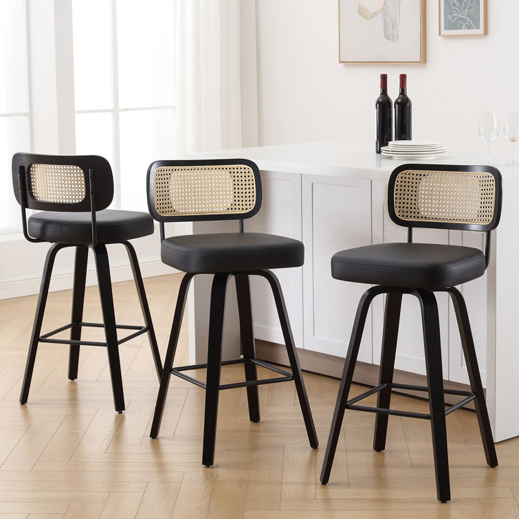 Black Faux Leather Swivel Bar Stools with Rattan Back, Set of 3